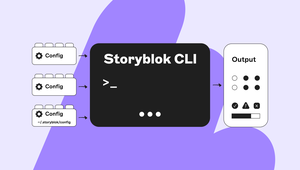Diagram showing data flow: three "Config" folders to "Storyblok CLI" command line, then to an "Output" section. Background is light purple.
