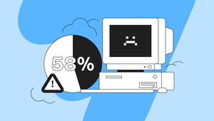 Illustration of a vintage computer with a sad face on the screen, a 58% pie chart, and a warning triangle, set against a blue background.