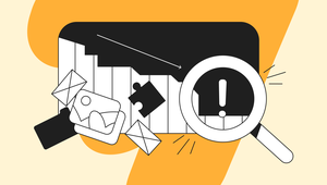 Magnifying glass over a bar chart with envelopes, a puzzle piece, and a photo icon, highlighting an exclamation mark on a yellow background.