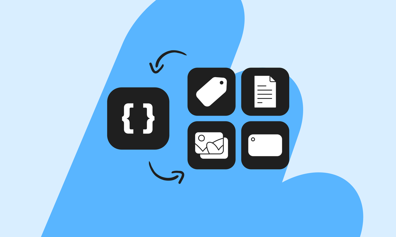 Illustration of a code brace icon with arrows pointing to four square icons: a tag, a document, an image, and another tag, on a blue abstract background.