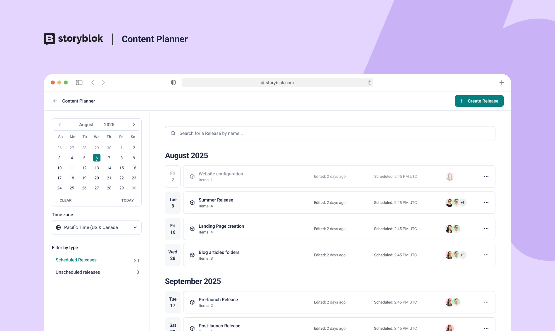 Content planner interface showing a calendar, scheduled releases for August and September 2025, with options to search and create new releases.