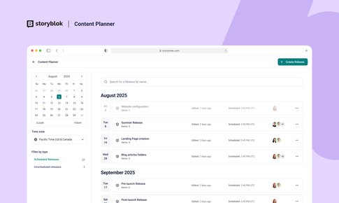Content planner interface showing a calendar, scheduled releases for August and September 2025, with options to search and create new releases.