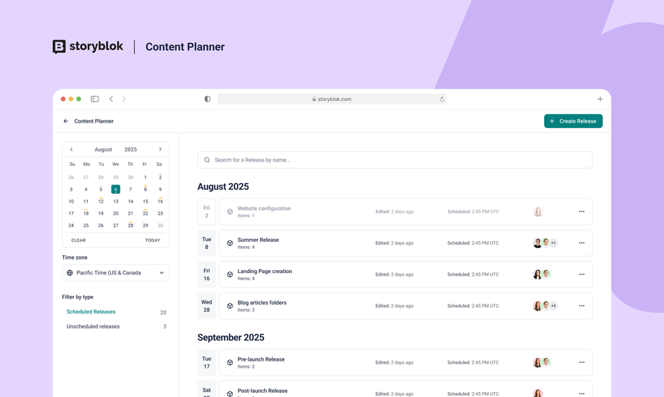 Content planner interface showing a calendar, scheduled releases for August and September 2025, with options to search and create new releases.