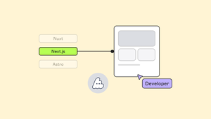 A page layout linked to a highlighted Next.js option, with Nuxt and Astro dimmed, and a “Developer” cursor label.