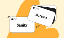 Two stylized browser windows with "Sanity" and "Acquia" text, overlapping on a beige and orange abstract background.