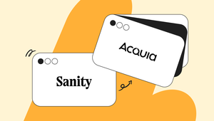 Two stylized browser windows with "Sanity" and "Acquia" text, overlapping on a beige and orange abstract background.