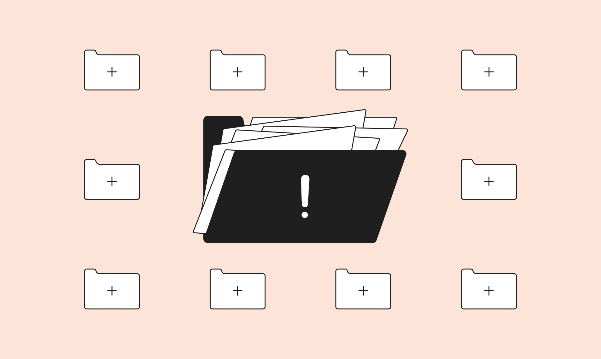 A black folder with papers and an exclamation mark, surrounded by white folders with plus signs, on a light peach background.