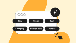 Illustration of a webpage template with sections: Title, Image, Text, Category, Publish date, and Author, on an abstract orange background.