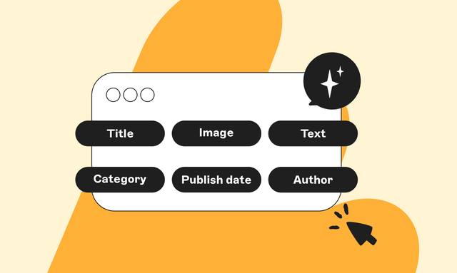 Illustration of a webpage template with sections: Title, Image, Text, Category, Publish date, and Author, on an abstract orange background.