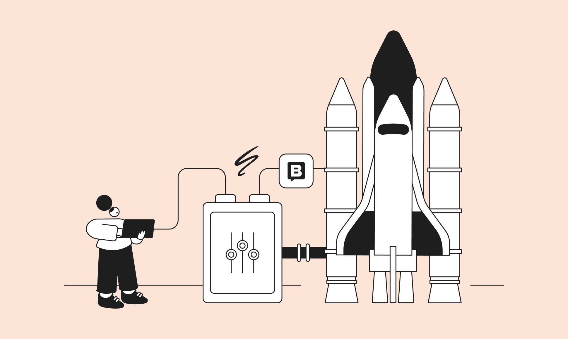 An illustration of mission control and a rocket ready to launch