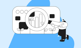 Illustration of a person examining a bar graph with a magnifying glass, surrounded by small plants, symbolizing growth and analysis.