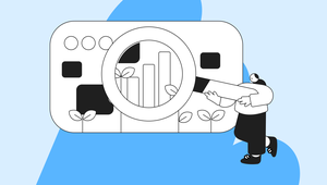 Illustration of a person examining a bar graph with a magnifying glass, surrounded by small plants, symbolizing growth and analysis.