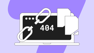 Illustration of a laptop displaying "404" on the screen, with a broken link icon and documents, on a purple background.