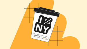 Coffee cup with "I NY" design, black lid, and logos of Storyblok and 360i on a yellow and beige background with abstract shapes.