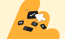 Illustration of a large orange hand with floating keyboard keys, a checkmark, command symbol, and a white cursor, set against a light background.