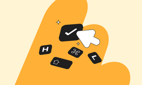 Illustration of a large orange hand with floating keyboard keys, a checkmark, command symbol, and a white cursor, set against a light background.