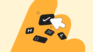 Illustration of a large orange hand with floating keyboard keys, a checkmark, command symbol, and a white cursor, set against a light background.