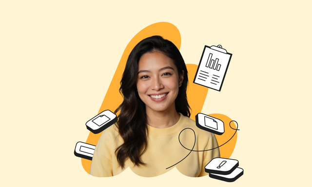 A smiling woman in a yellow sweatshirt with graphic elements of documents and folders on a light orange background.