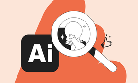 Illustration of a magnifying glass over a person holding a light bulb, next to an "Ai" icon and a thumbs-up symbol on an abstract background.