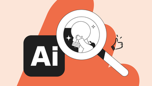 Illustration of a magnifying glass over a person holding a light bulb, next to an "Ai" icon and a thumbs-up symbol on an abstract background.