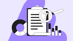 Illustration of a clipboard with a document, pie chart, bar graph, and magnifying glass showing the number 7, on a purple abstract background.