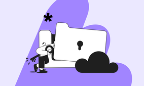 A person holding a key stands next to a large folder with a keyhole with a cloud and asterisk symbol are nearby.