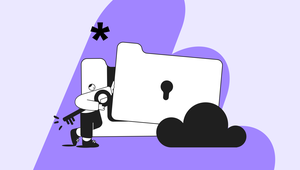 A person holding a key stands next to a large folder with a keyhole with a cloud and asterisk symbol are nearby.