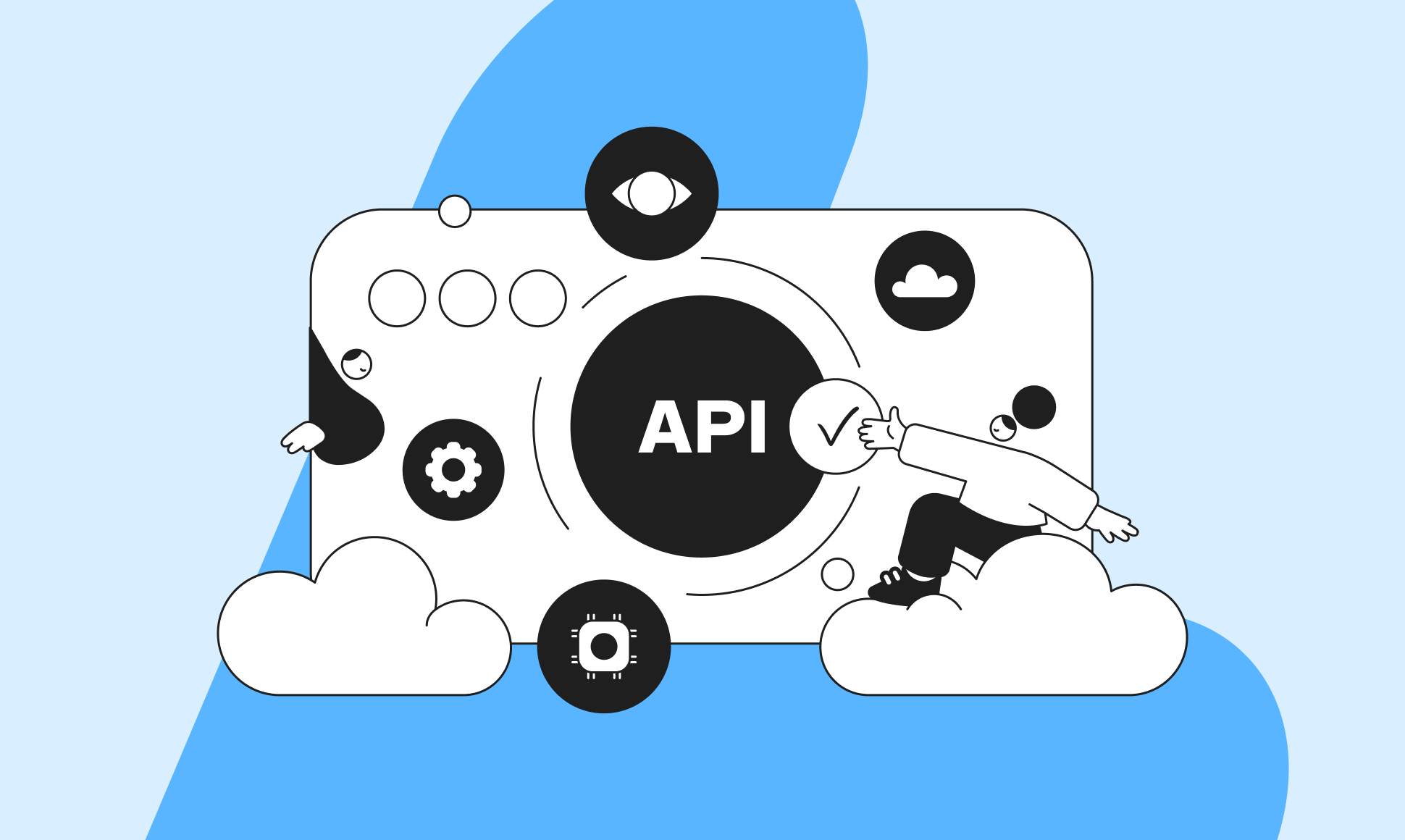 Illustration of a large API interface surrounded by icons like gears, eyeball, and cloud, with two abstract human figures interacting.