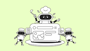 Cartoon robots with chef hats preparing digital content on a computer screen, set against a light green background.