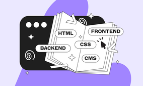 Illustration of an open book labeled with web development terms: HTML, CSS, Backend, Frontend, CMS, with arrows and a cursor icon.