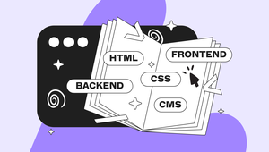 Illustration of an open book labeled with web development terms: HTML, CSS, Backend, Frontend, CMS, with arrows and a cursor icon.