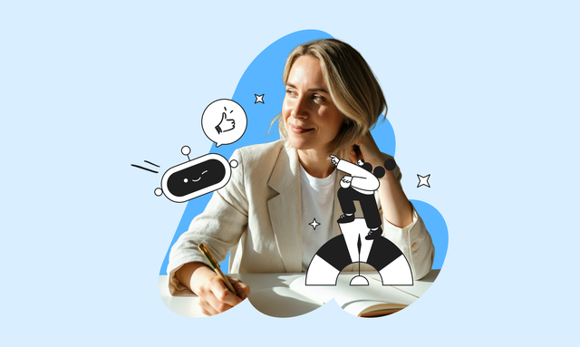 Woman smiling, holding a pen, with whimsical illustrations of a robot, person pointing, and stars on a light blue background.