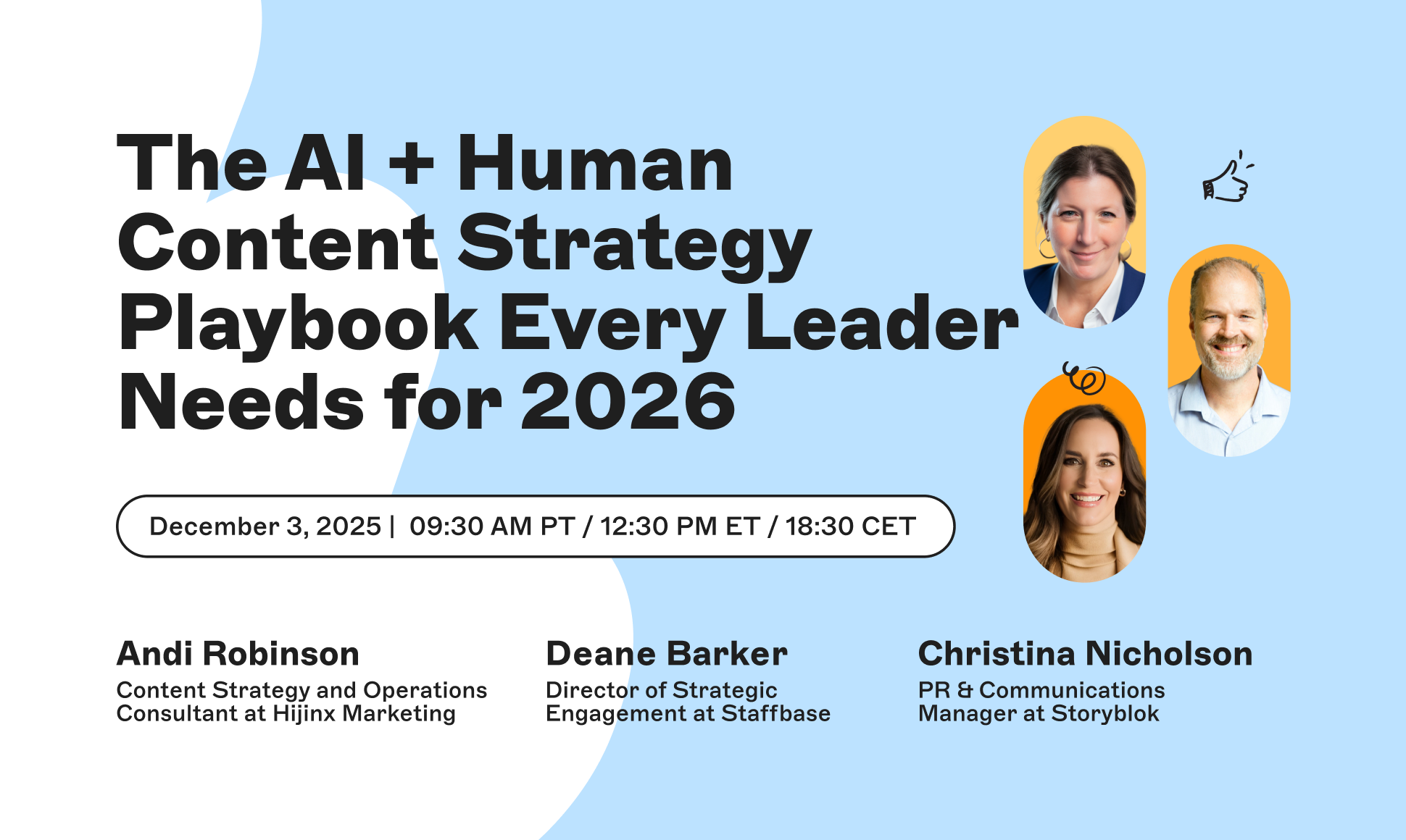 Promotional image for a content strategy event with speakers Andi Robinson, Deane Barker, and Christina Nicholson, scheduled for December 3, 2025.