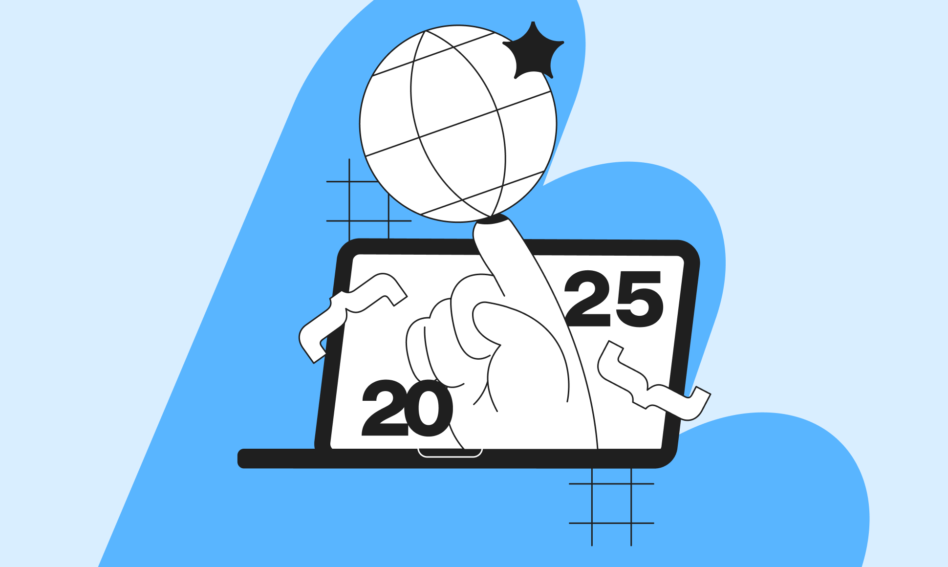 Illustration of a hand emerging from a laptop screen, holding a globe, with the numbers 2025 and 2020 on the screen. Blue background.
