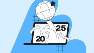 Illustration of a hand emerging from a laptop screen, holding a globe, with the numbers 2025 and 2020 on the screen. Blue background.