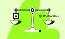 Illustration of a balance scale with a "Storyblok Logo" on the left and "Contentstack" on the right, against a bright green background.