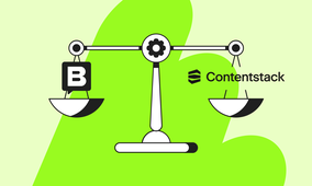 Illustration of a balance scale with a "Storyblok Logo" on the left and "Contentstack" on the right, against a bright green background.