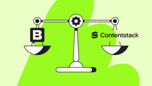 Illustration of a balance scale with a "Storyblok Logo" on the left and "Contentstack" on the right, against a bright green background.