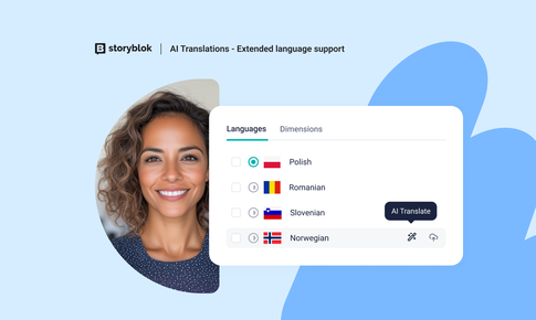 Smiling woman next to a language selection panel with options for Polish, Romanian, Slovenian, and Norwegian under "AI Translations."
