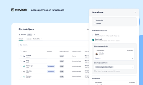 Storyblok interface showing access permissions for releases, with a list of spaces on the left and a "New release" settings panel on the right.