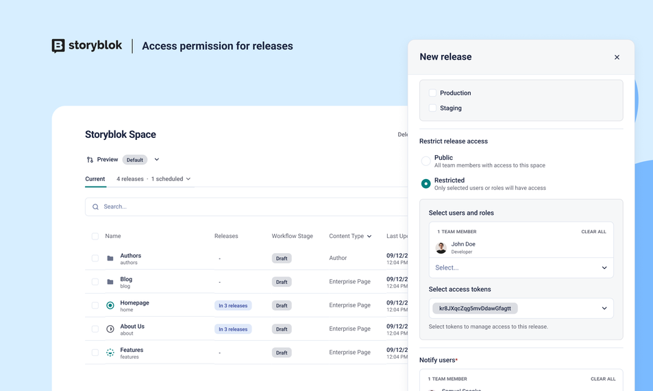 Storyblok interface showing access permissions for releases, with a list of spaces on the left and a "New release" settings panel on the right.