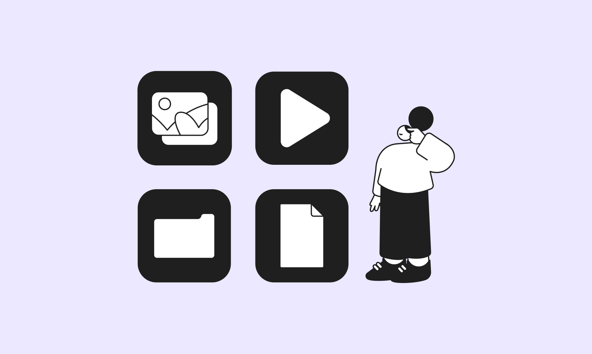 Illustration of a person pondering four icons: image, play button, folder, and document, on a light purple background.