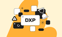Abstract design with "DXP" text, featuring black and white geometric shapes, an hourglass, and a warning sign on an orange background.