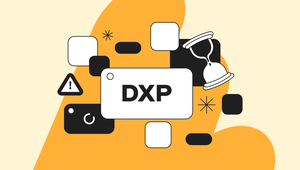 Abstract design with "DXP" text, featuring black and white geometric shapes, an hourglass, and a warning sign on an orange background.