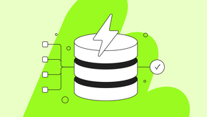 Illustration of a database with a lightning bolt on top, linked to checkboxes and a checkmark, over a green background.
