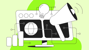 Illustration of a computer monitor with a globe, lightbulb, and megaphone, symbolizing the future of digital marketing and communication.