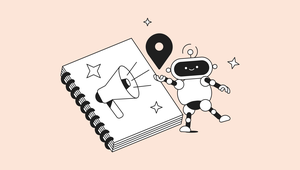 Illustration of a smiling robot pointing at a book with a megaphone icon, surrounded by stars and a map pin, on a beige background.