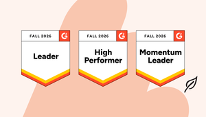 Three G2 badges for Fall 2026: Leader, High Performer, and Momentum Leader, with an orange and yellow chevron design.