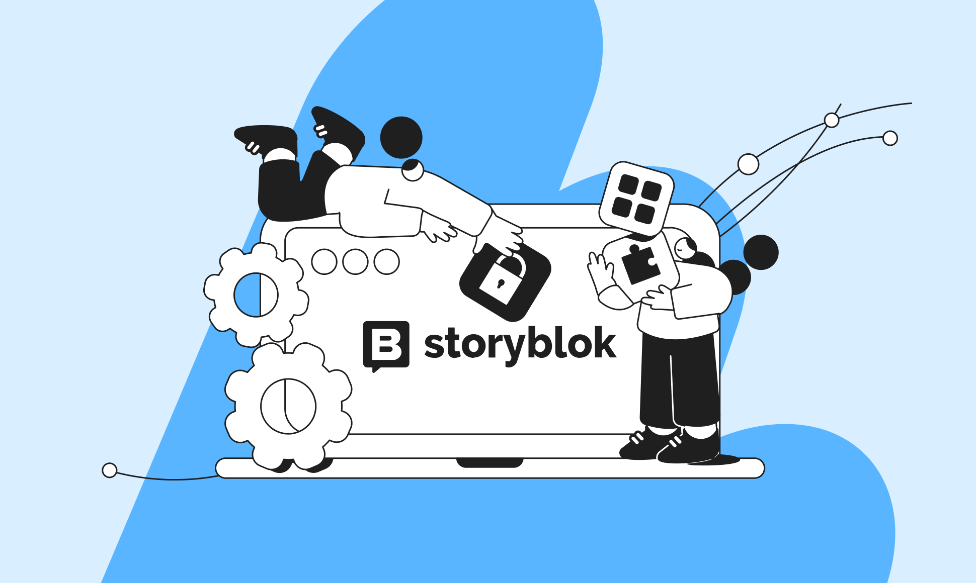 Illustration of two people interacting with a laptop displaying the Storyblok logo, surrounded by gears and tech icons on a blue background.