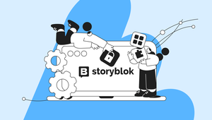 Illustration of two people interacting with a laptop displaying the Storyblok logo, surrounded by gears and tech icons on a blue background.